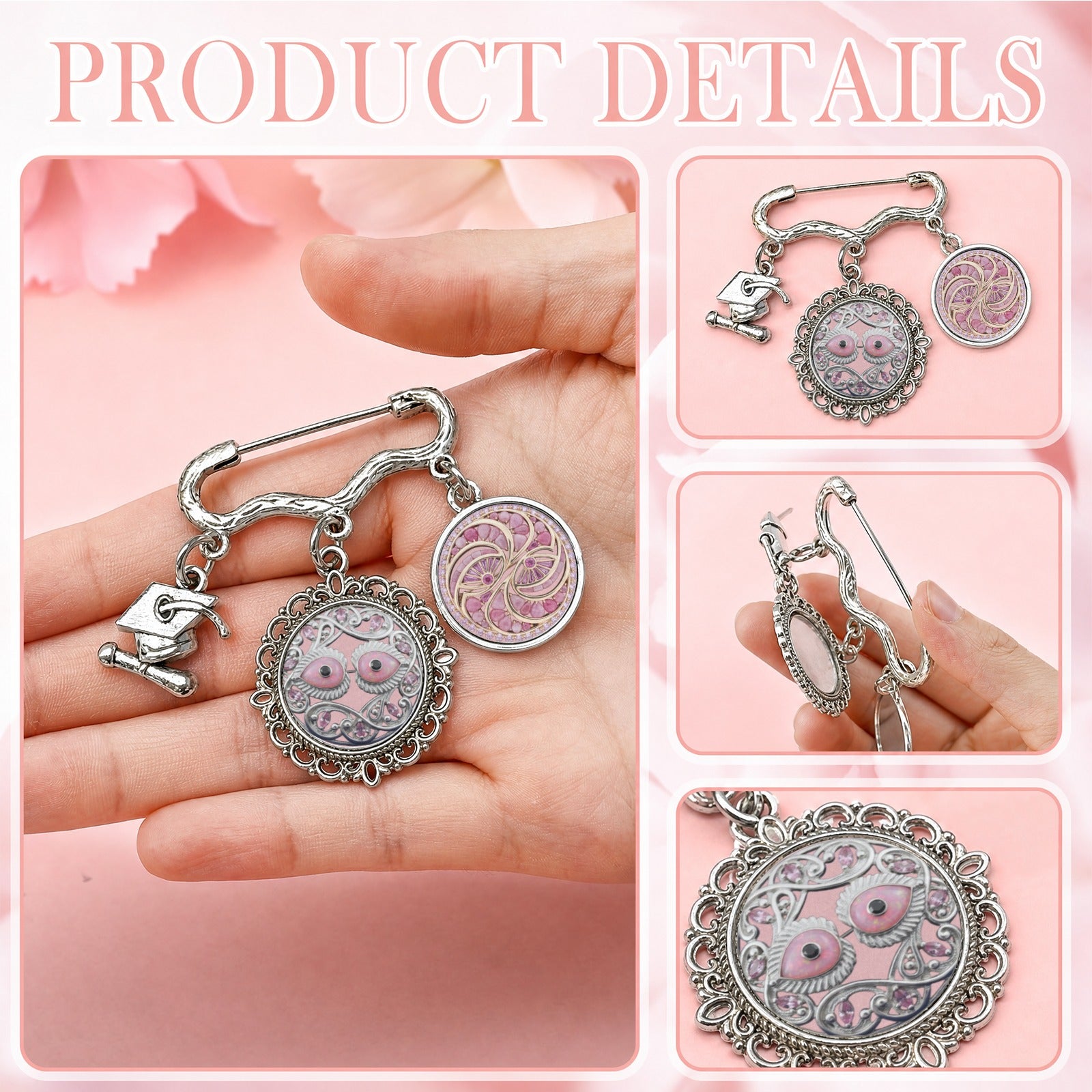 Pink Her Eyes themed double photo charm brooch with a small graduation cap charm — product detail