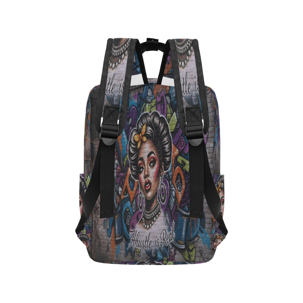 Rich and Rich The Hustle Is Real graffiti twin handle backpack in black with colorful street art design