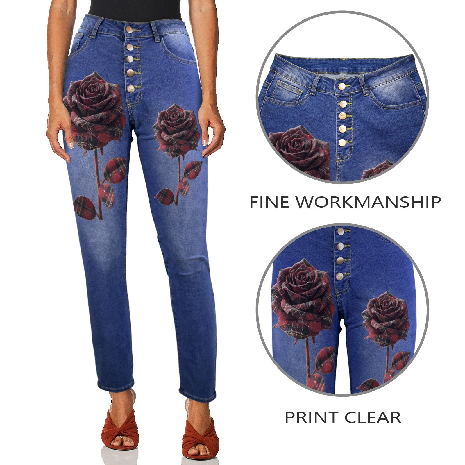 Rich and Rich Red Plaid Rose Women's Jeans Women's Jeans (Front Printing) (Model L75)