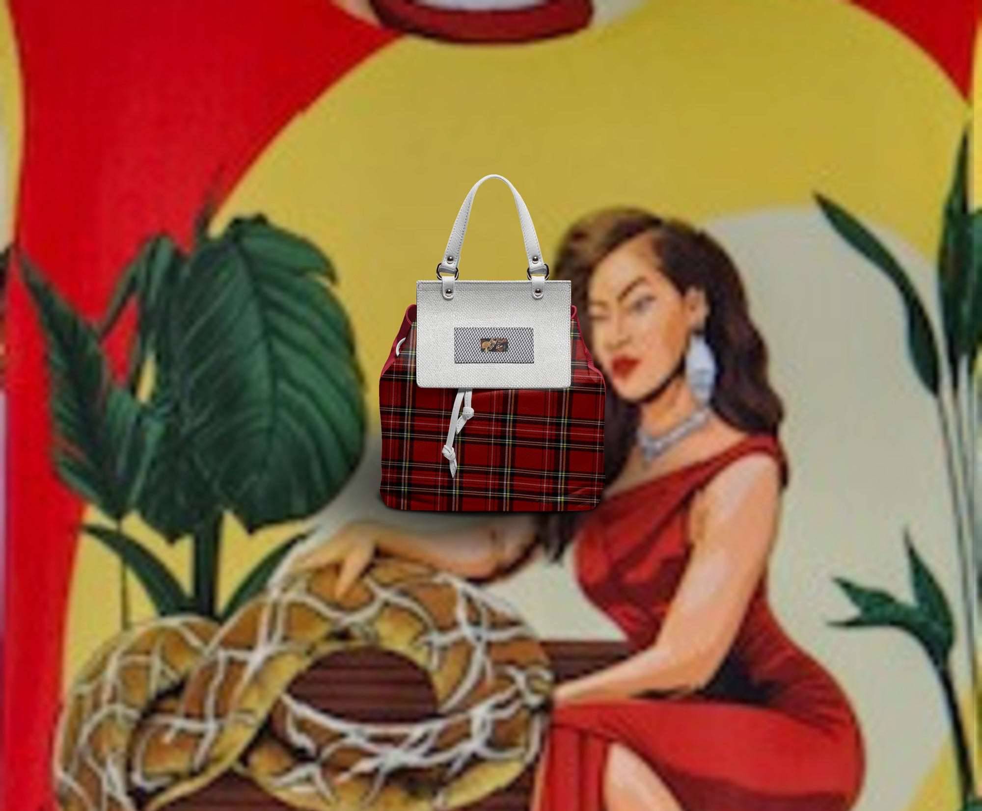 Structured red leather women's handbag with a squared flap and embossed logo — side view