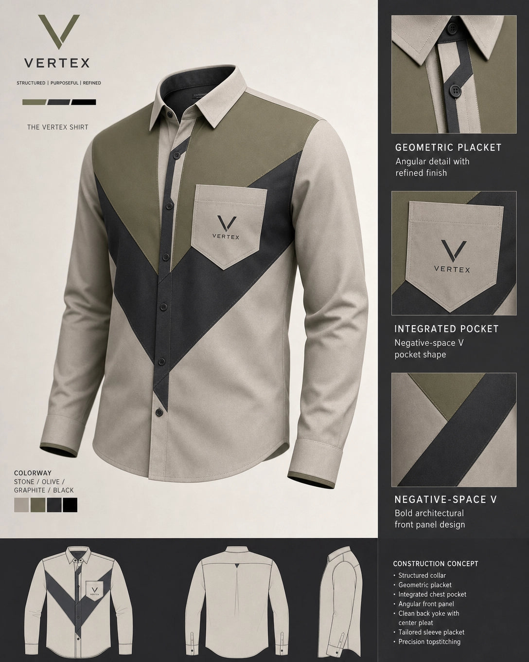 Vertex Negative V Button-Up Shirt in stone with olive geometric Vertex menswear design