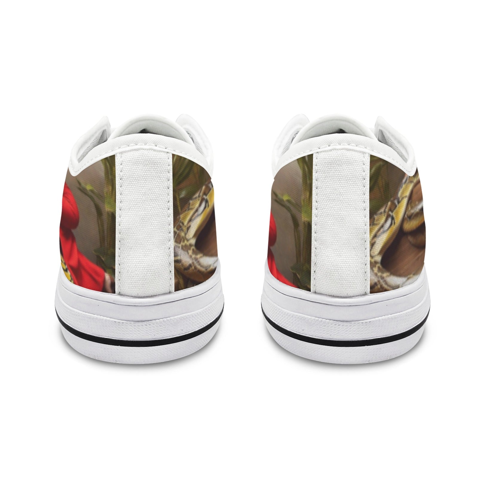 Red low-top women's sneaker with all-over caricature print and flexible rubber sole — additional view 11