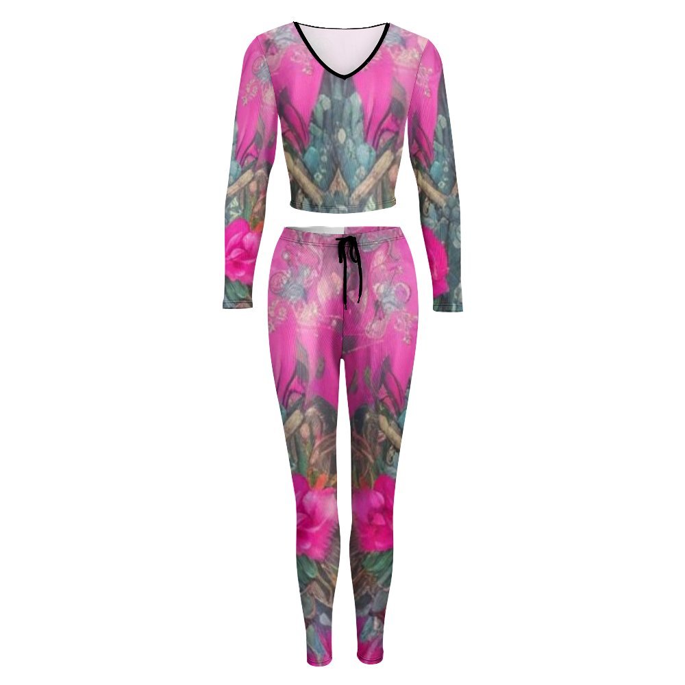 Women's V-Neck Long Sleeve Yoga Sweatshirt Set in breathable fabric
