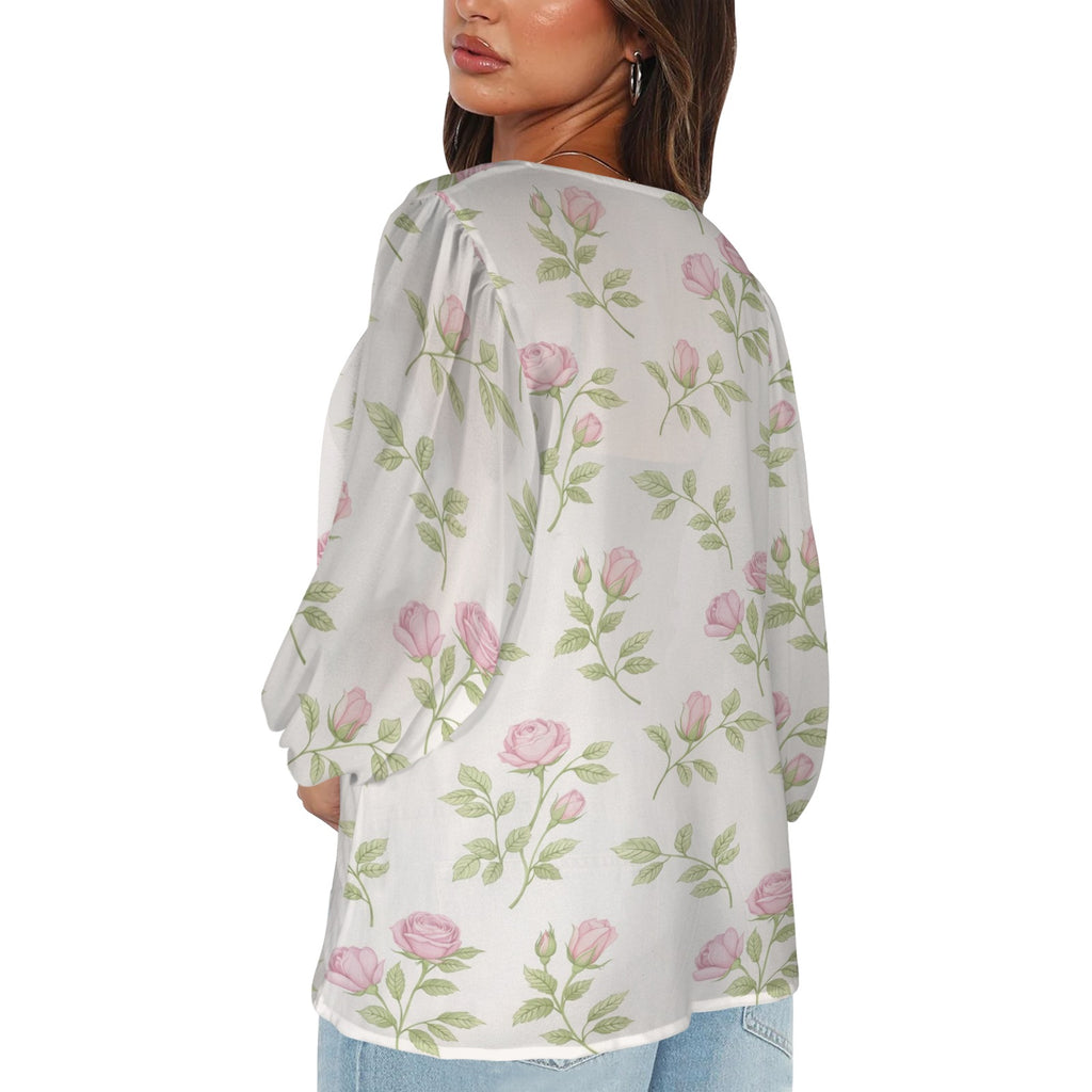 Rich and Rich Pink Floral Puff Sleeve Women's Blouse with loose fit and floral print