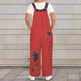 Red rose sleeveless wide-leg jumpsuit with button shoulder straps and pockets — product detail