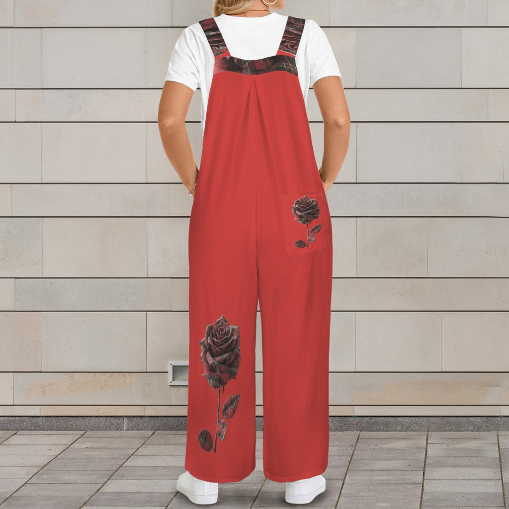 Rich and Rich Red Rose Wide Leg Women's Jumpsuit Sleeveless Straps Pocket Wide Leg Jumpsuit