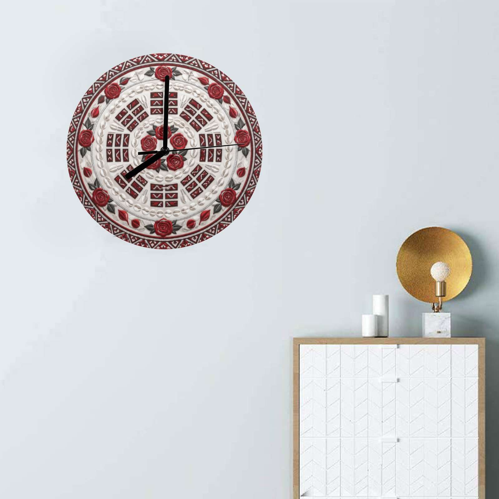 Frameless wooden wall clock with Timeless Bloom artwork and black hands, 11.6 inches — side view