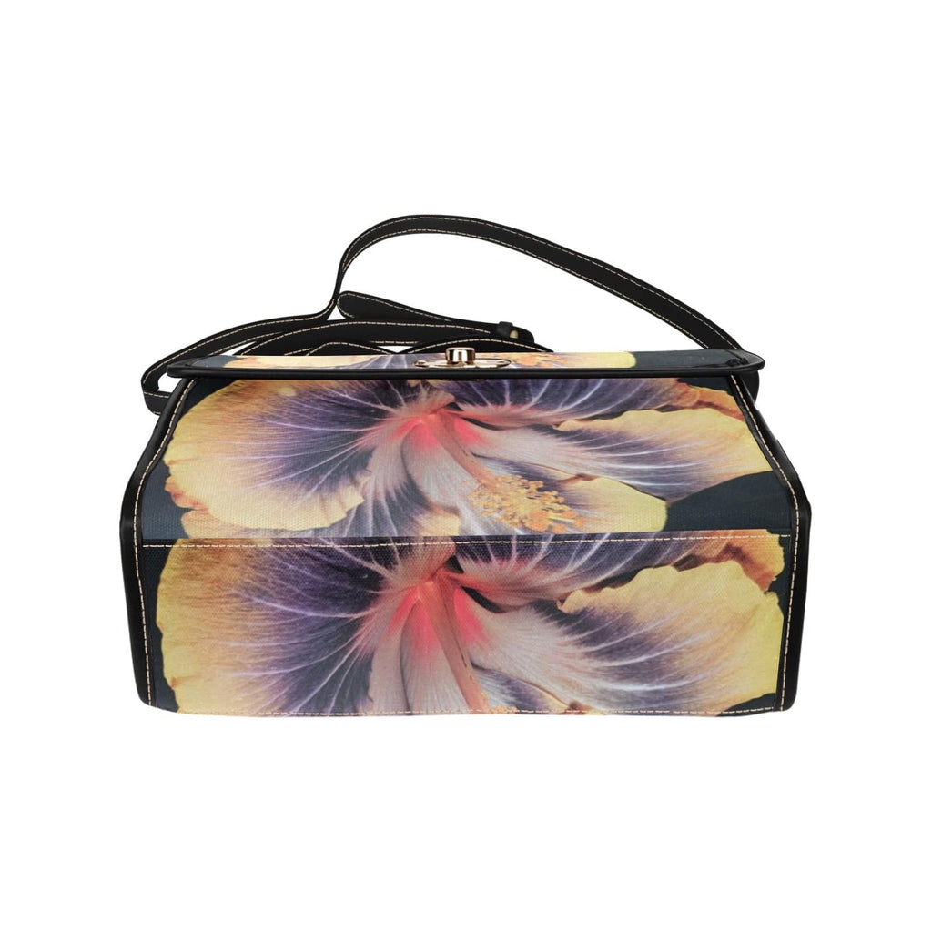 R&RH Exotic Flower Women's Waterproof Black Canvas Handbag with PU leather handles