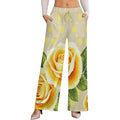 Yellow rose and polka dot wide-leg women's pants with adjustable waist and pockets