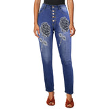High-waist black shadow rose women's jeans with five-button fly and four pockets