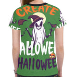 Green witches-themed women's all-over print T-shirt in polyester mesh — alternate view