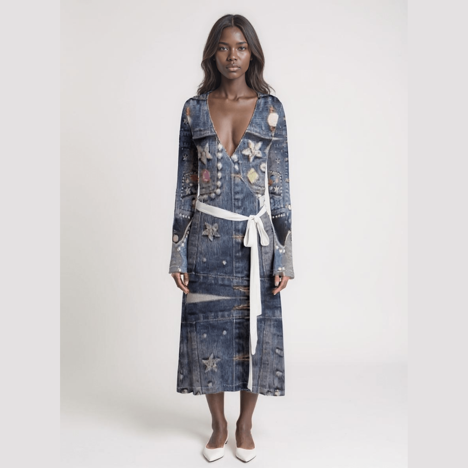 Jean-look women's wrap dress in poly-elastane jersey with V-neck, long sleeves and belt tie, above-the-knee length