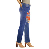 Women's high-waist jeans with orange rose print and button-front closure — alternate view