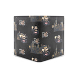Compact black microfiber bifold wallet with caricature design, clear ID window and multiple card slots — side view