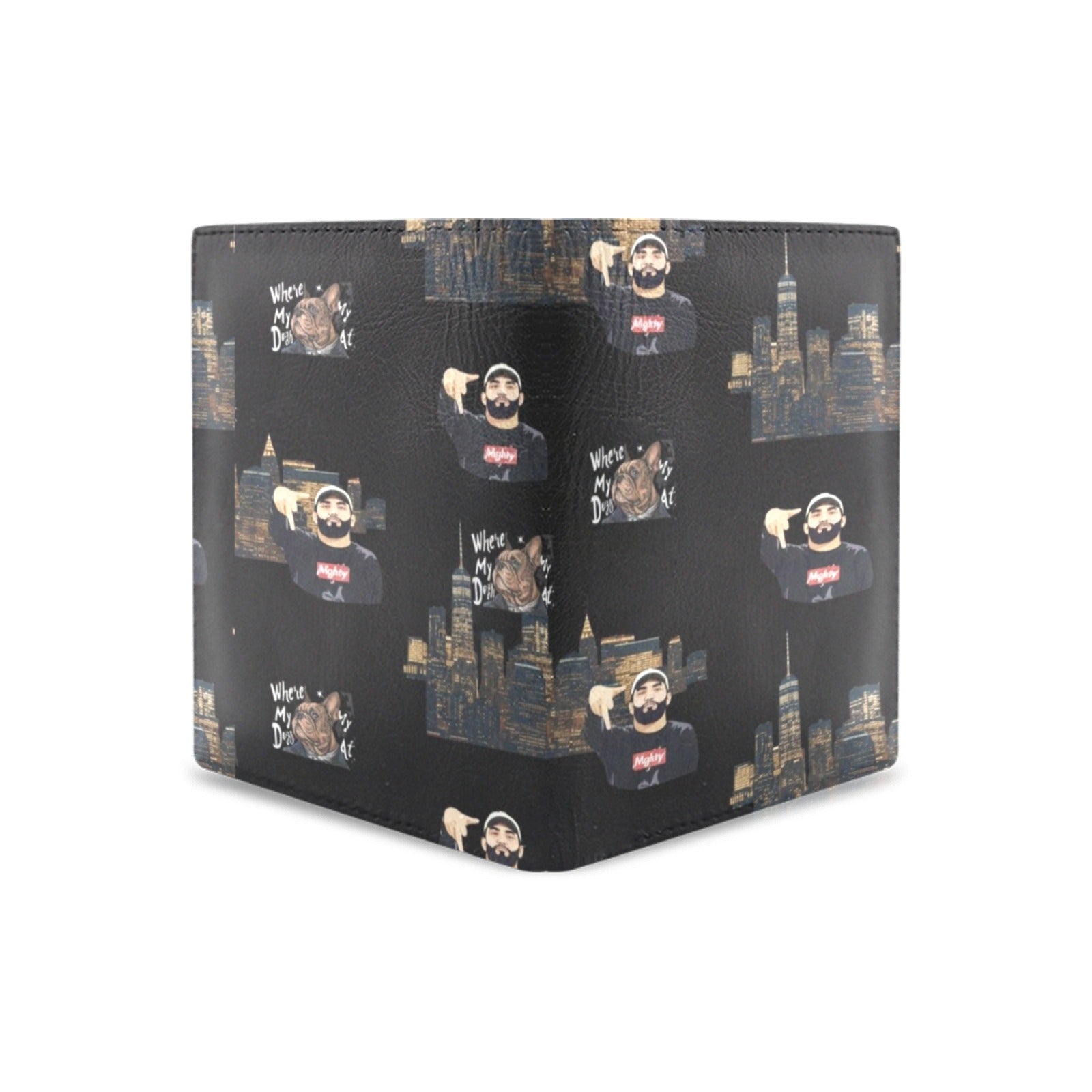 Compact black microfiber bifold wallet with caricature design, clear ID window and multiple card slots — side view