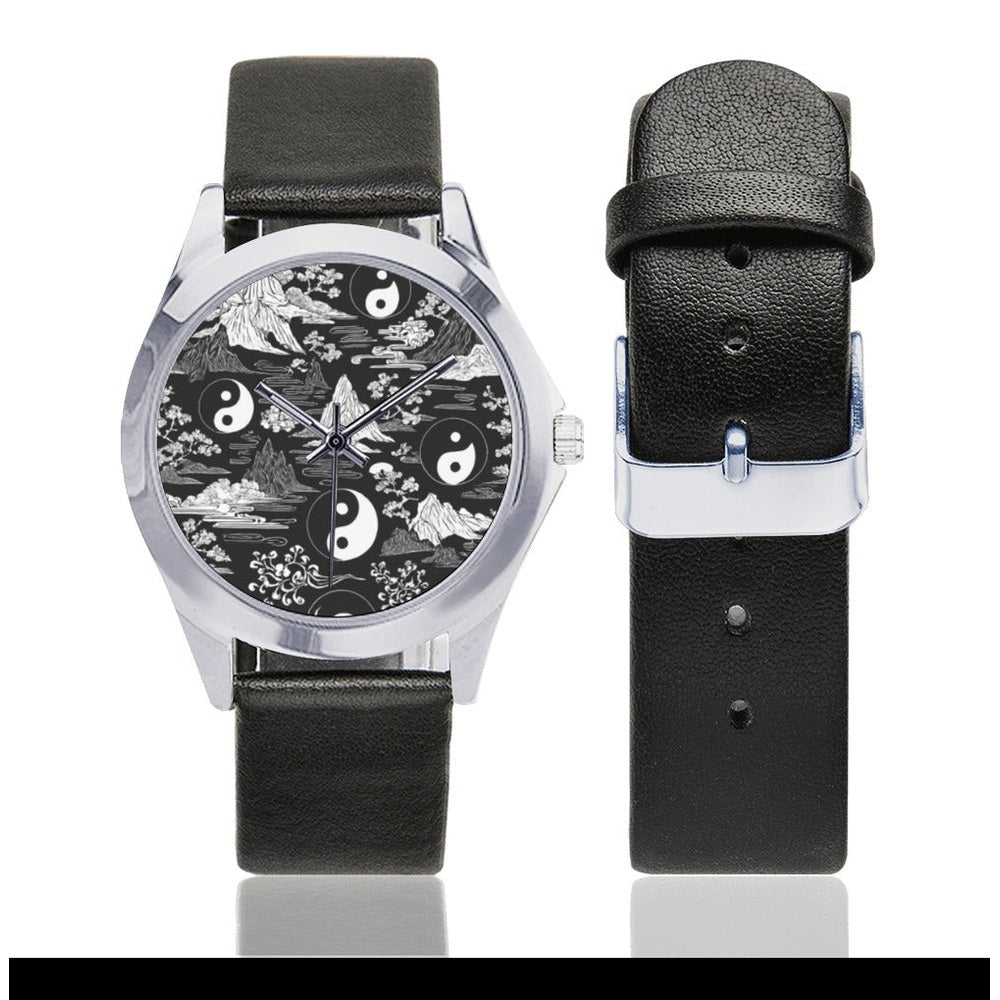 Silver-tone unisex watch with black-and-white Feng Shui dial and leather band, 1.10-inch face — alternate view