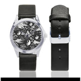 Silver-tone unisex watch with black-and-white Feng Shui dial and leather band, 1.10-inch face — alternate view