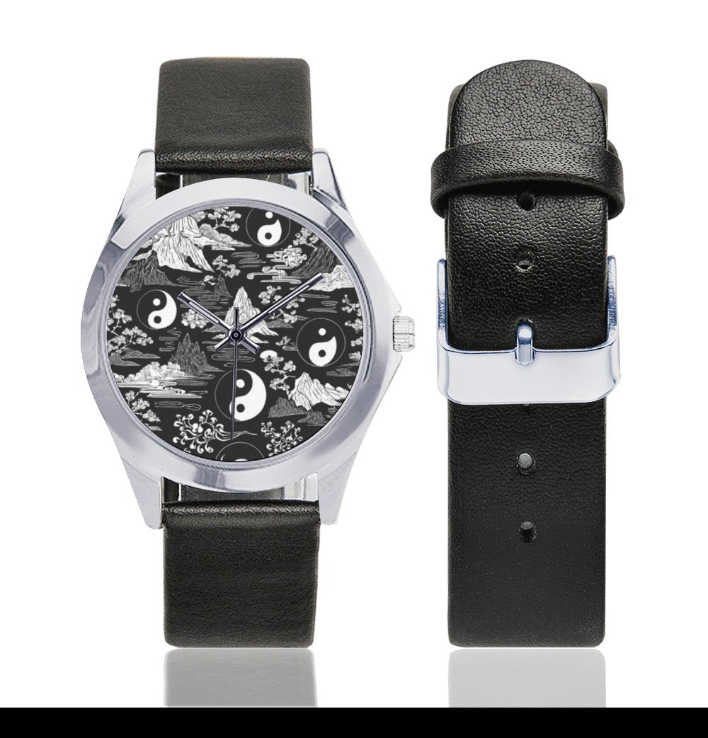 Rich and Rich Black and White Feng Shui Unisex Silver Tone Metal Watch with leather band