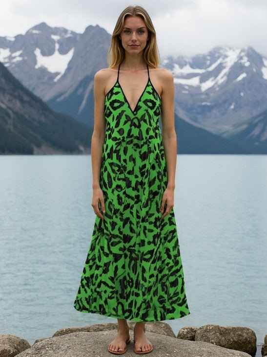 Green halterneck midi dress with backless design and abstract print — additional view 10