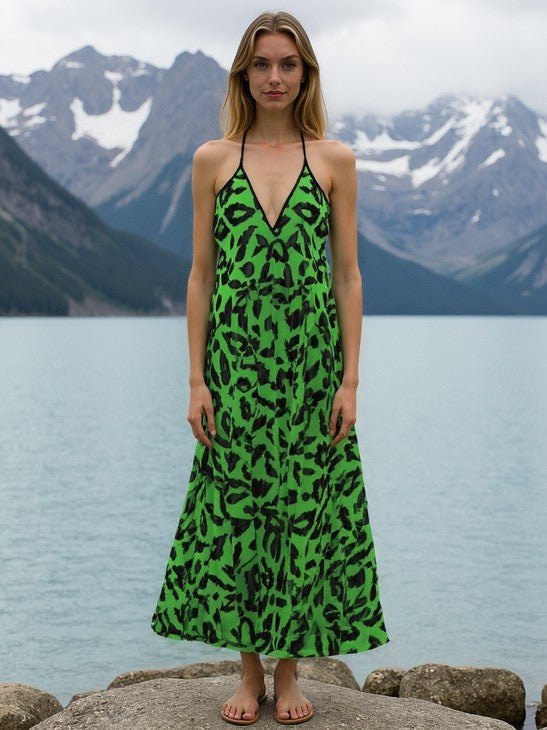 Rich and Rich green abstract women's backless halterneck dress with optional train