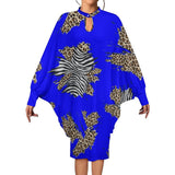 Royal blue animal print women's dress with oversized batwing sleeves and asymmetrical hem — alternate view