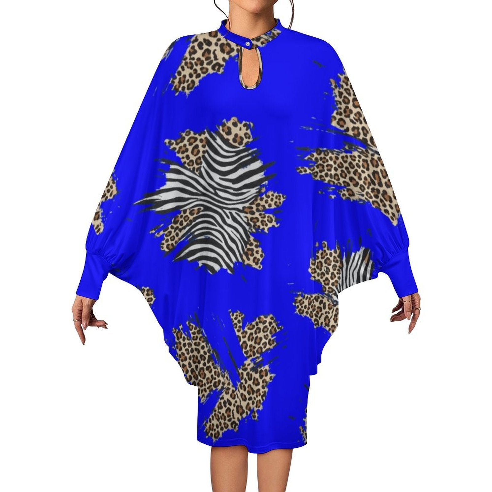 Royal blue animal print women's dress with oversized batwing sleeves and asymmetrical hem — alternate view