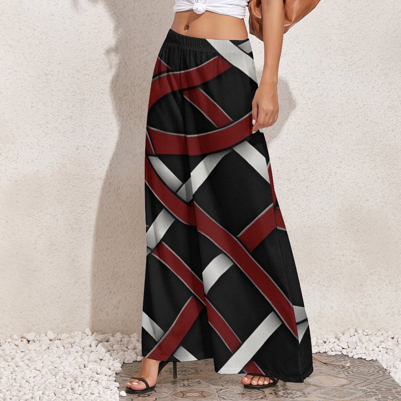 Rich and Rich women's wide leg pants in red and gray with high-waisted design