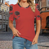Women's crew neck puff sleeve T-shirt with red rose all-over print