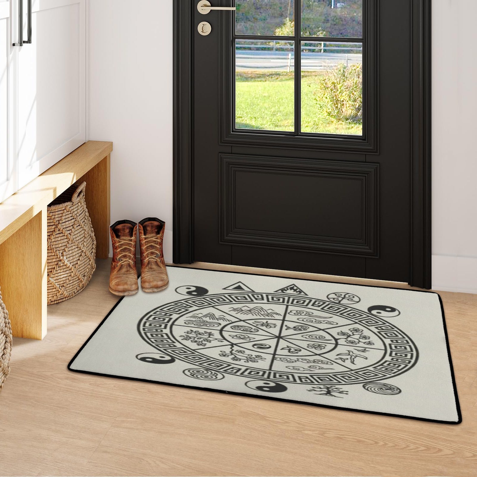 Black and white Feng Shui area rug with black binding, 31x20 inches, flannel top — side view