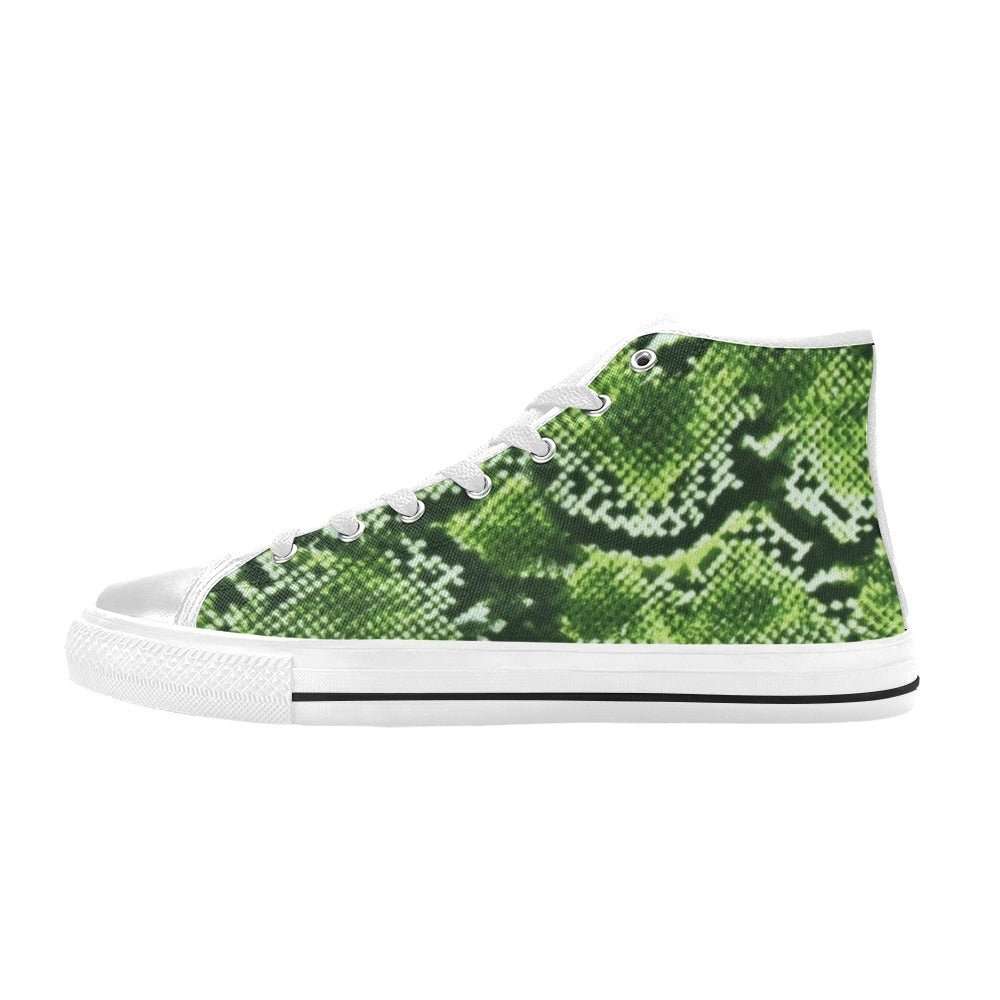 Green abstract canvas high-top women's sneaker with white trim and rubber sole — product detail