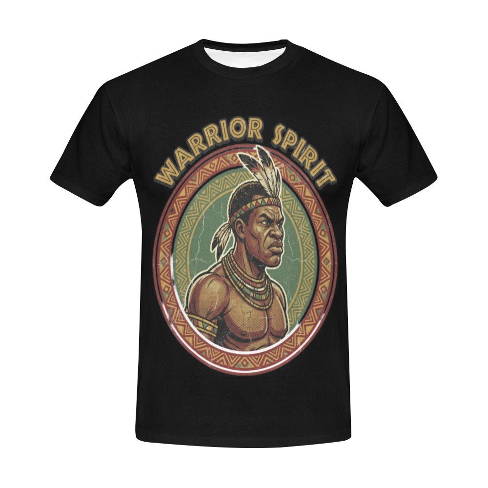Men's black T-shirt with Warrior Spirit all-over graphic print — side view
