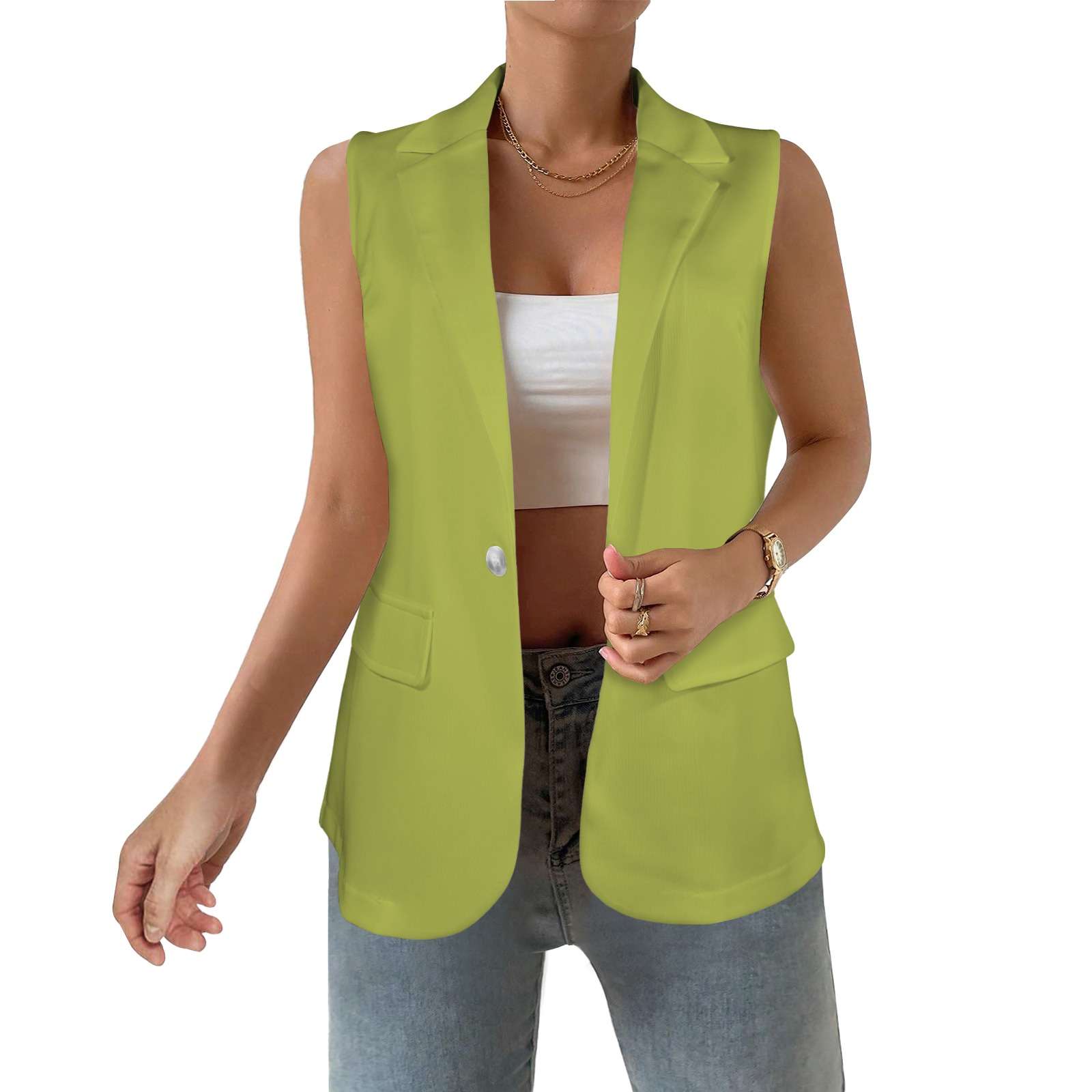 Lime sleeveless women's blazer with flat lapel collar and two front pockets