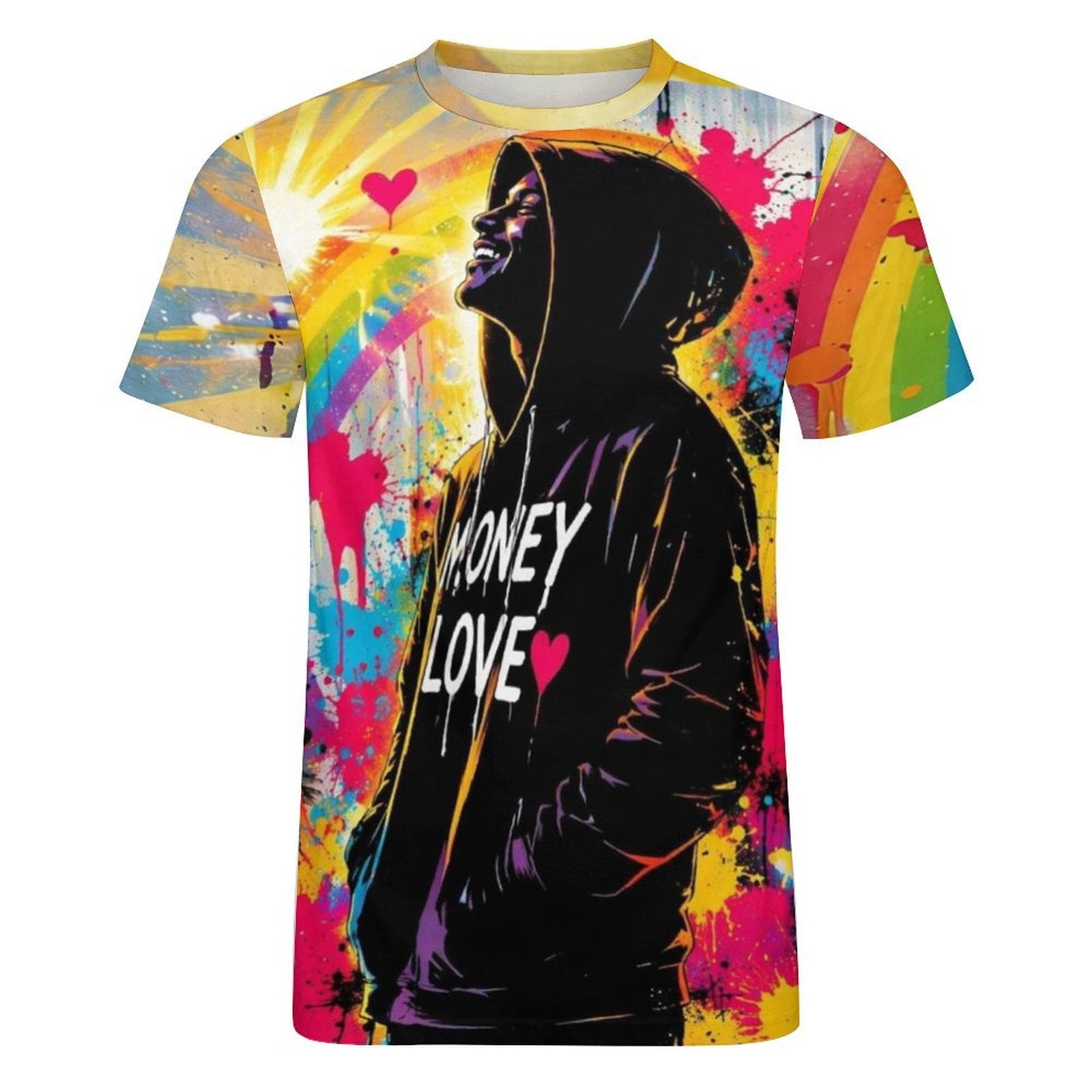 Men’s yellow graffiti graphic cotton T-shirt with classic round neckline and casual fit — side view