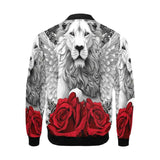 Black bomber jacket with red and white lion and rose prints and full-length zipper — side view