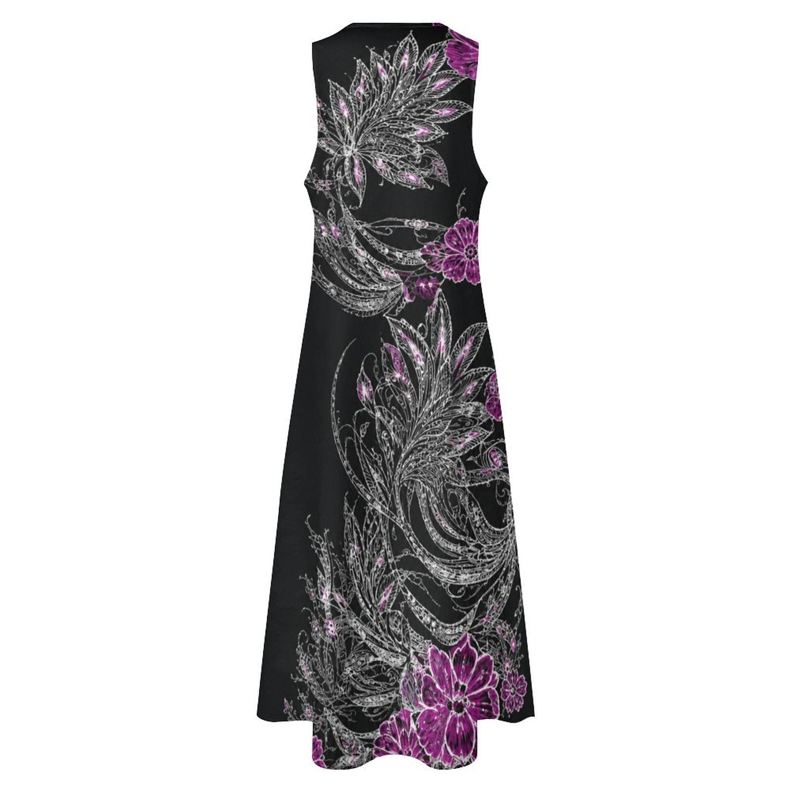 Sleeveless ankle-length midnight orchid feather print maxi dress with small V-neck and side pockets — product detail