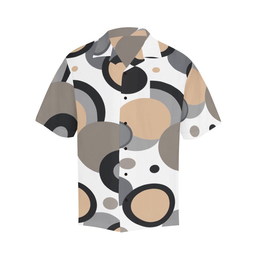 Men's beige short-sleeve shirt with circular dimension print and notch lapel — rear view