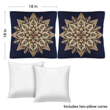 Pair of navy faux linen square pillows with white eight‑point Nordic snowflake motif — rear view