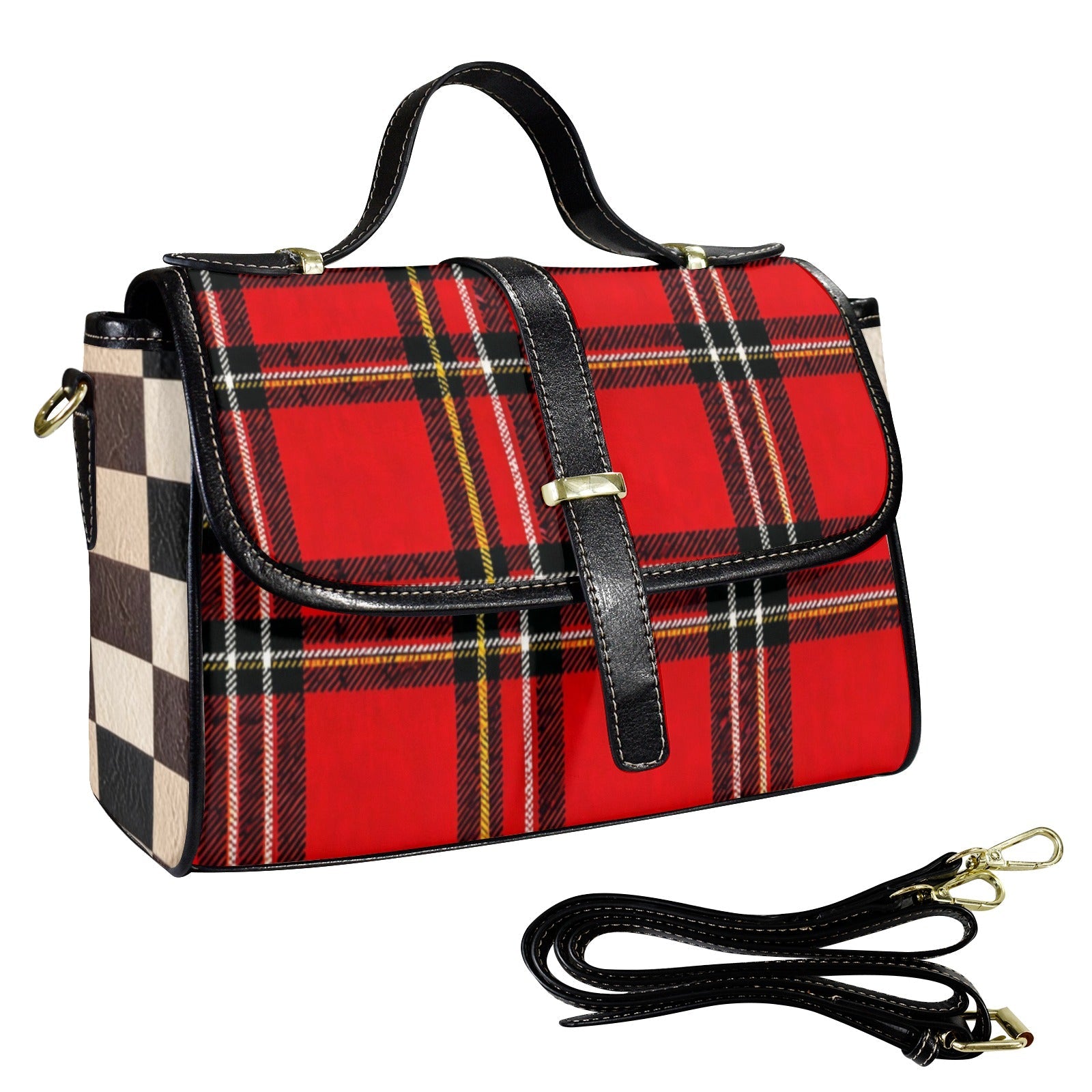 Chocolate and red checkered PU leather satchel with top handle and adjustable shoulder strap