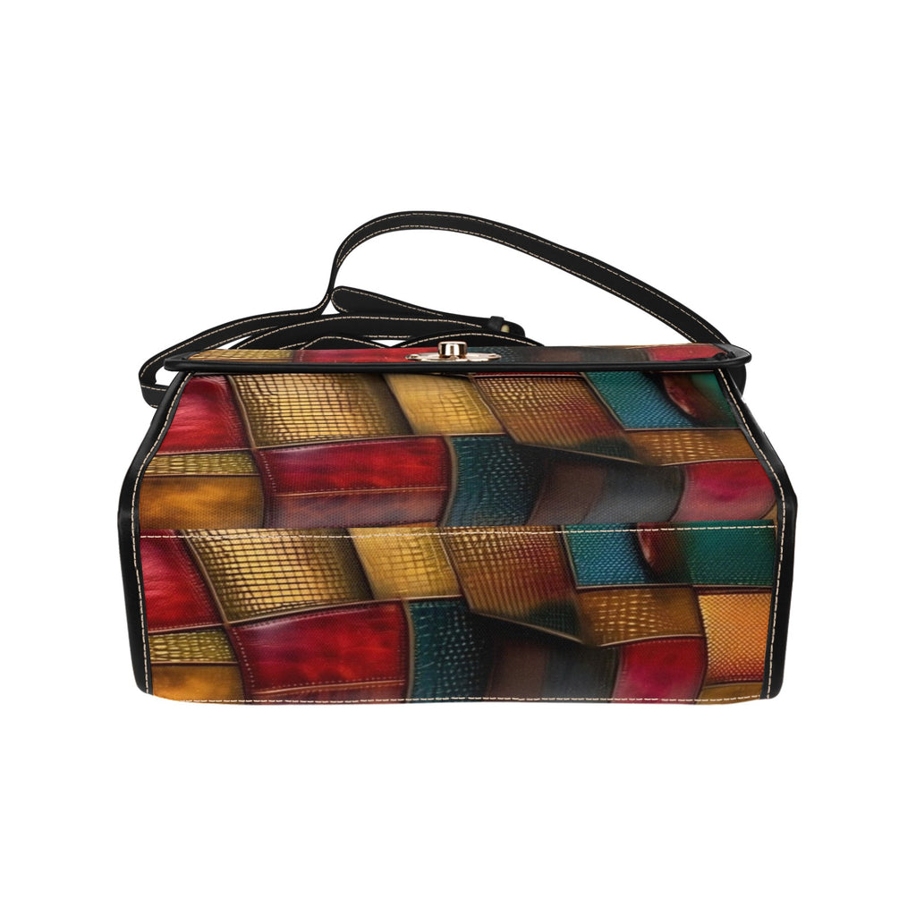 R&RH Multi Brown Color Block Womens Waterproof Leather Tote Bag with Black Adjustable Straps