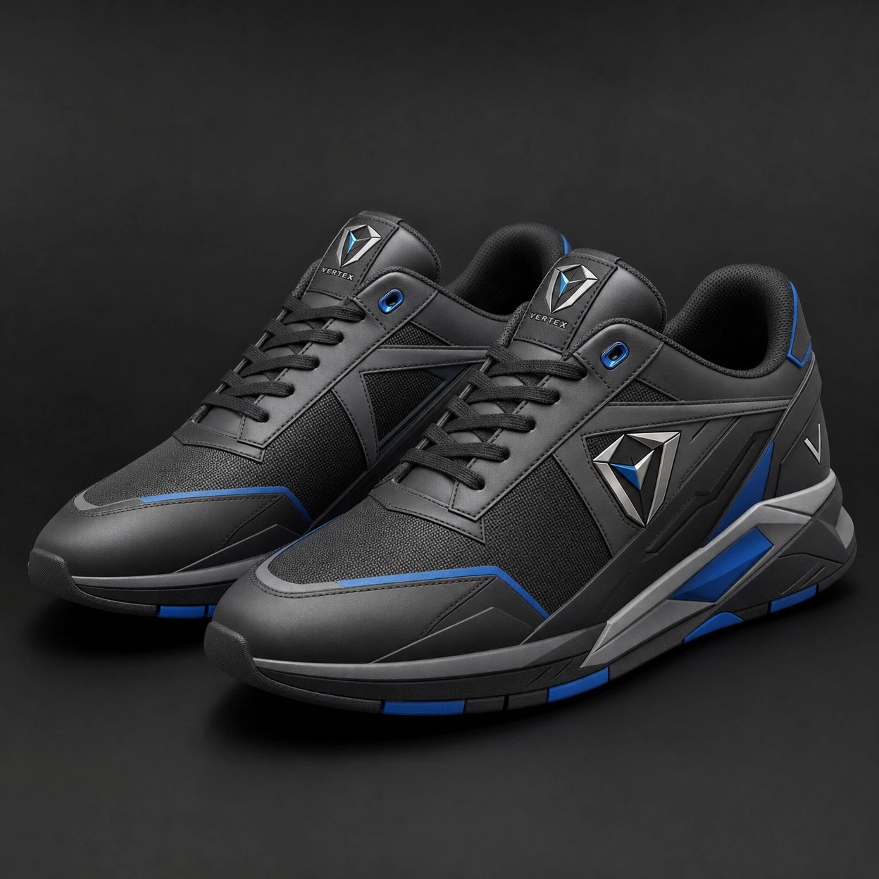 Vertex Polygon Crest Sneaker in graphite with electric blue geometric Vertex menswear design