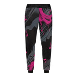 Men's tapered sweatpants with magenta all-over graphic print and drawstring waistband — rear view