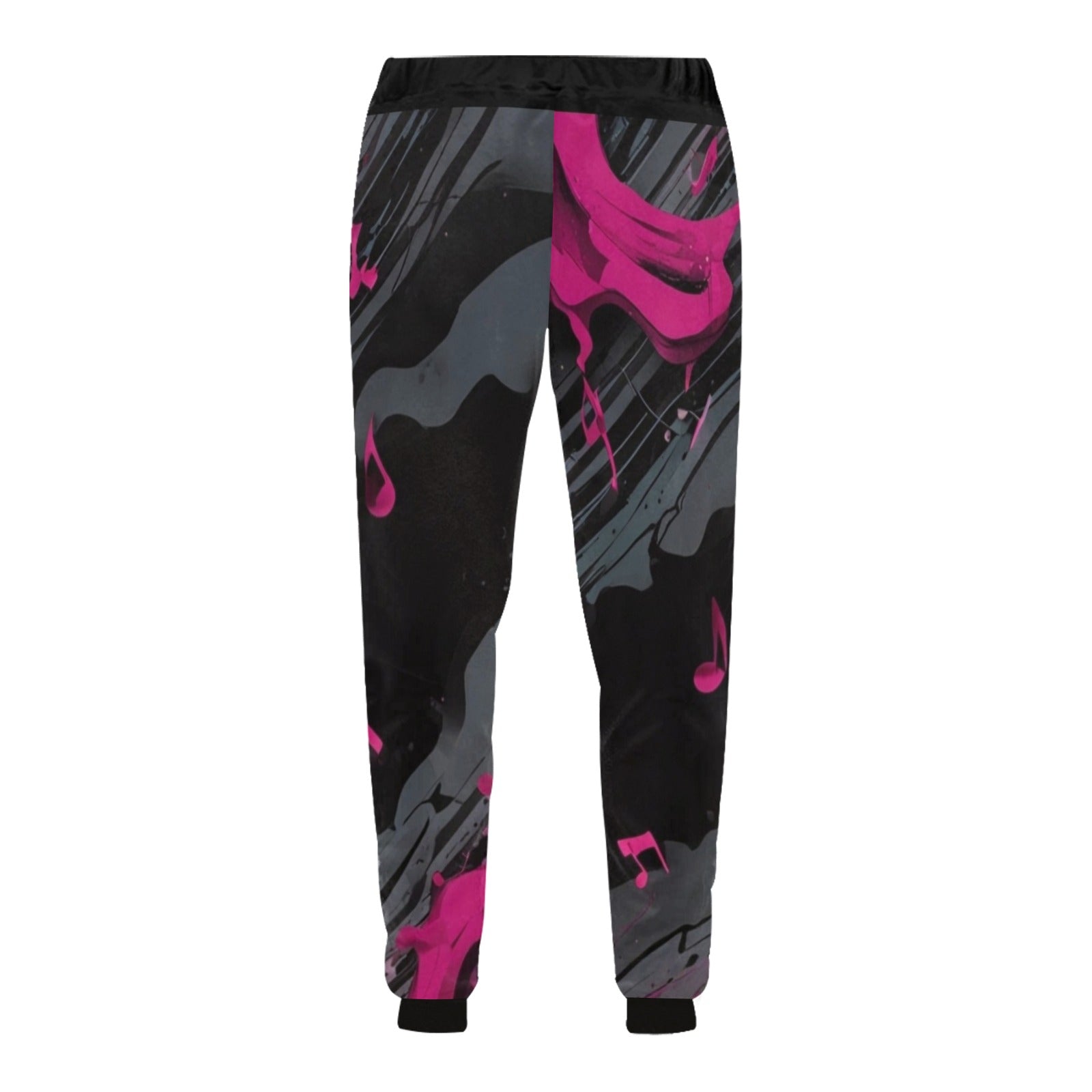 Men's tapered sweatpants with magenta all-over graphic print and drawstring waistband — rear view