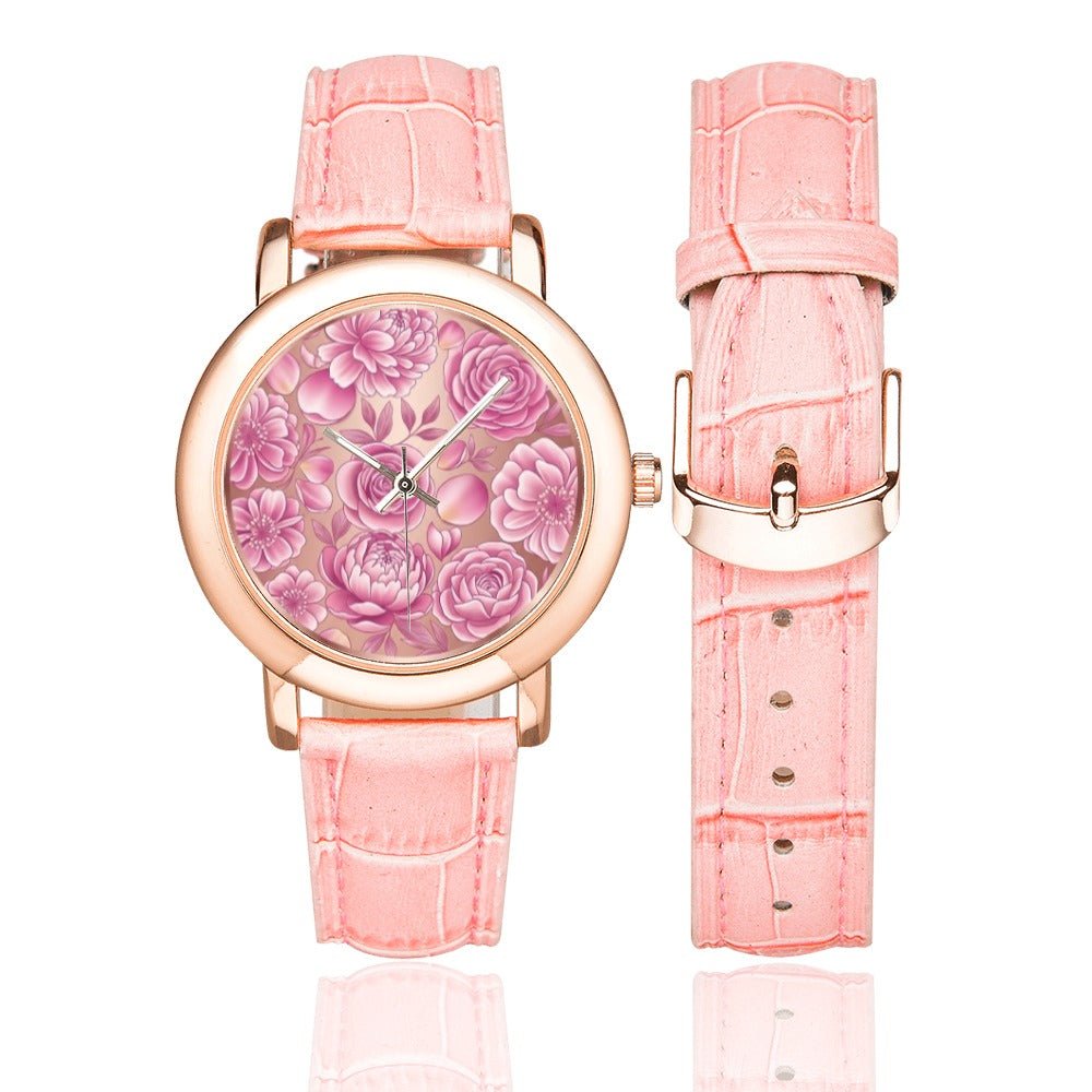 Rose-gold women's wristwatch with floral dial and rose-gold leather strap, 1.4-inch face