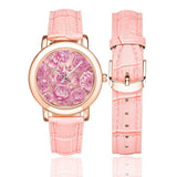 Rose-gold women's wristwatch with floral dial and rose-gold leather strap, 1.4-inch face