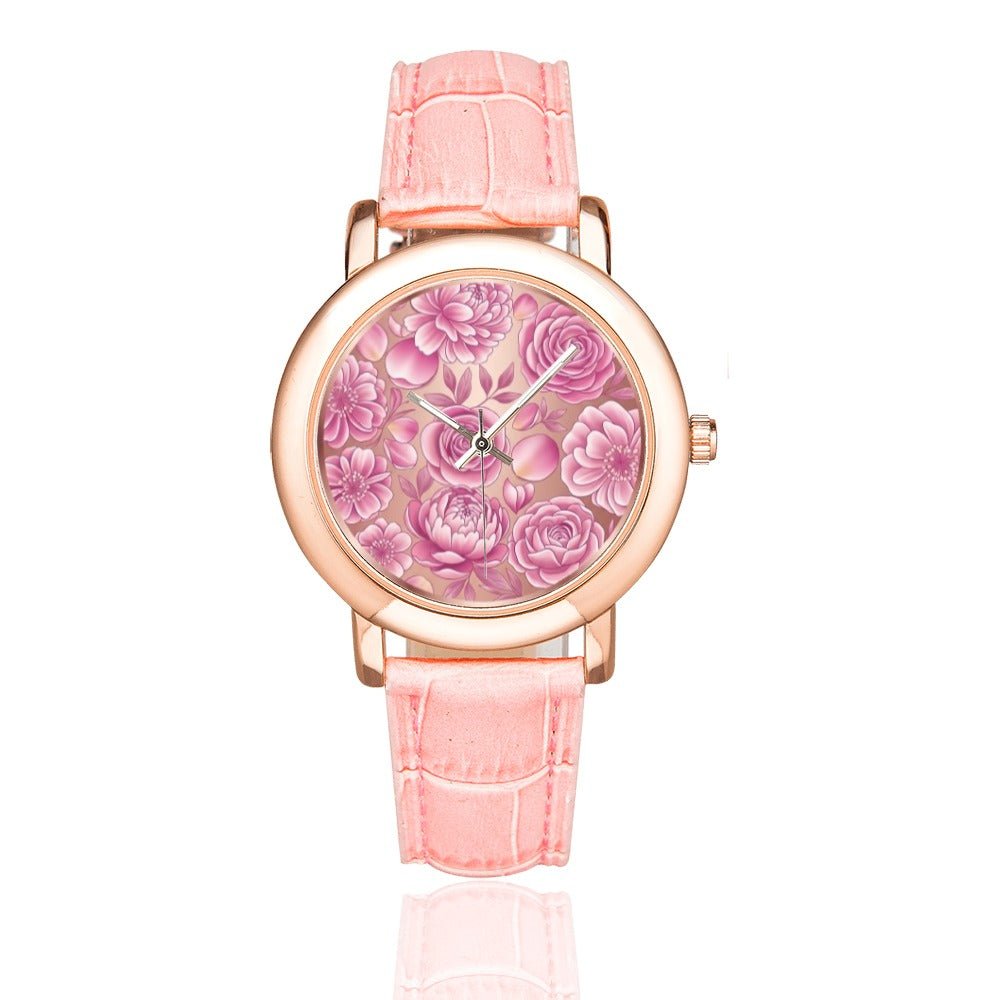 Rose-gold women's wristwatch with floral dial and rose-gold leather strap, 1.4-inch face — alternate view