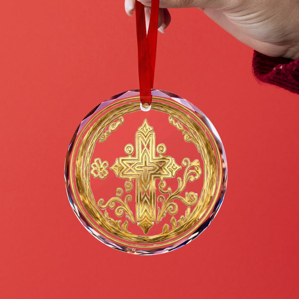 Rich and Rich Ethiopian Cross Round Crystal Glass Ornament