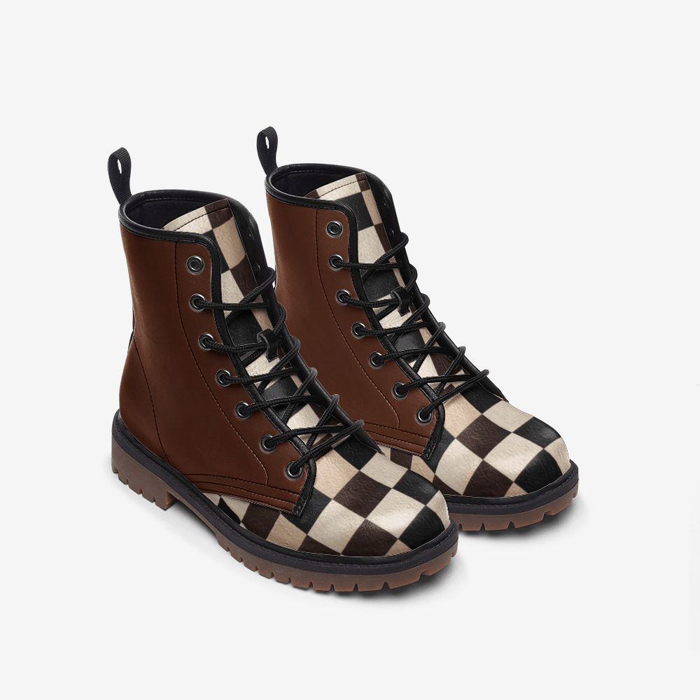 Chocolate brown men's faux leather boots with checker pattern and lace-up front — additional view 6