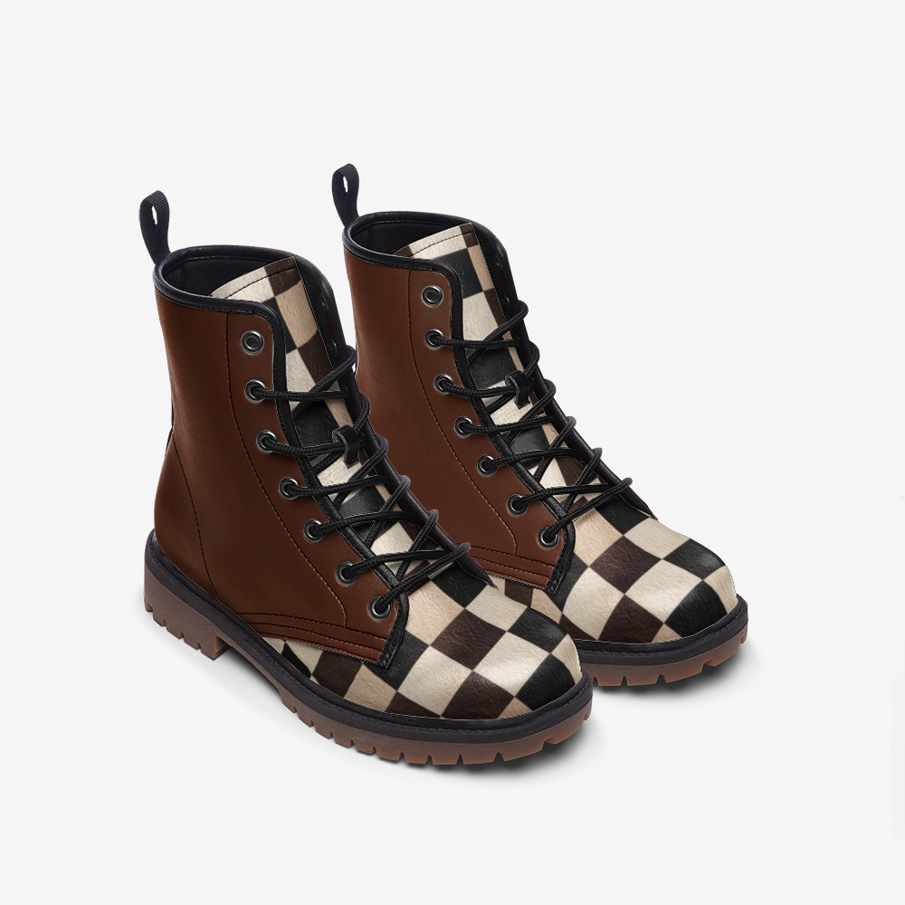 Pair of brown and checkered boots on a white background