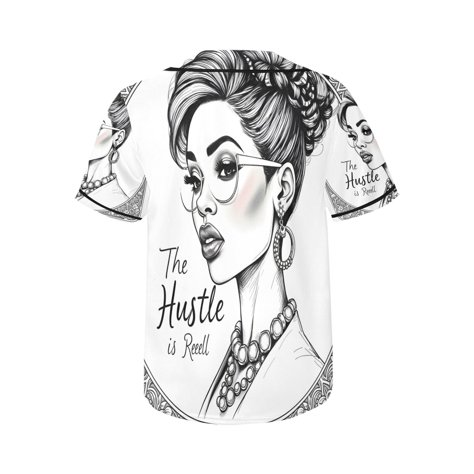Black and white women's baseball jersey with full-button front and rounded hem in mesh fabric — product detail
