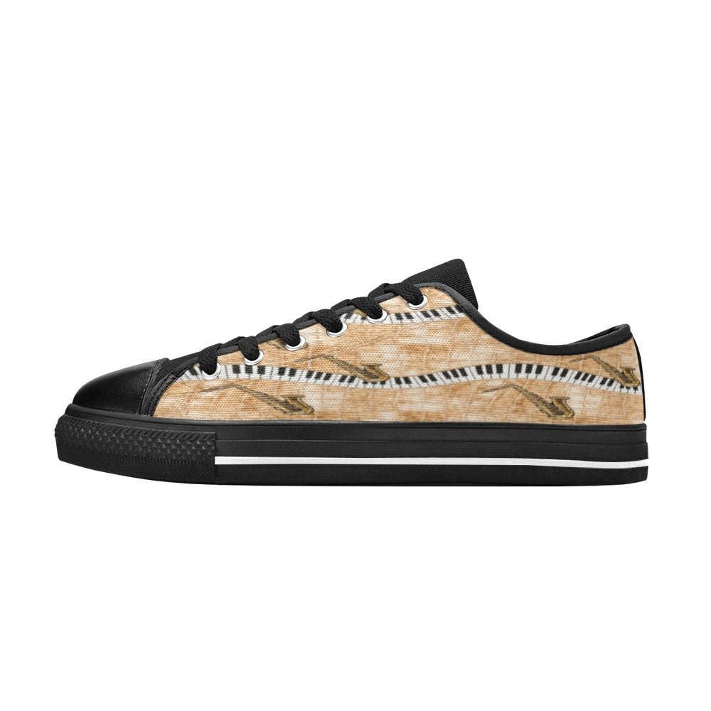 Men’s beige low-top sneakers with piano and saxophone artwork and navy-black accents — additional view 6